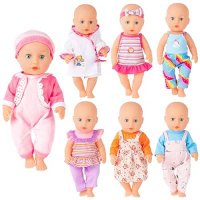 deAO Kleidung Outfits für Baby Puppen 30-36 cm 12-14inch, 7 Stück Puppenkleidung mit Set aus Kleid Hose Badeanzug, Puppenkleider Set Kleidung Bekleidung Outfits für Baby Puppen (Puppe nicht inklusive) von deAO