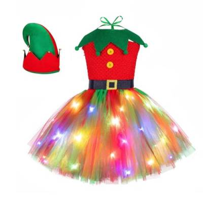 mingchengheng Elfen Kostüm Weihnachten Mädchen,Mädchen Weihnachtskleid, Mädchen Elfen Outfit, Weihnachts Cosplay Tüllröcke Mit LED Licht, Mädchen Santa Helfer Kostüm von mingchengheng
