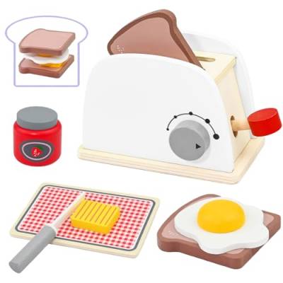 Children's Kitchen Toaster Set, Wooden Toy Toaster for Children, Pop-up Toaster Wooden Play Kitchen Accessories, Role Play Children's Toy with Bread Slices Butter, Educational Learning Toy Gift von twirush