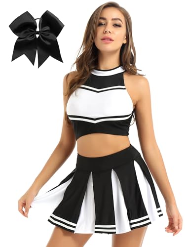 winying Damen Cheerleading Uniform Ärmellose Crop Top mit Mini Plissee Rock und Bowknot Headwear Halloween Party Verkleidung Karneval Schwarz XXL von winying