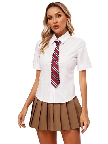 winying Damen Cosplay Schulmädchen JK Uniform Kurzarm Shirts+Krawatte Faltenrock +Krawatte Erwachsene Schoolgirl Anzug Outfit Cosplay Kostüm Khaki L von winying