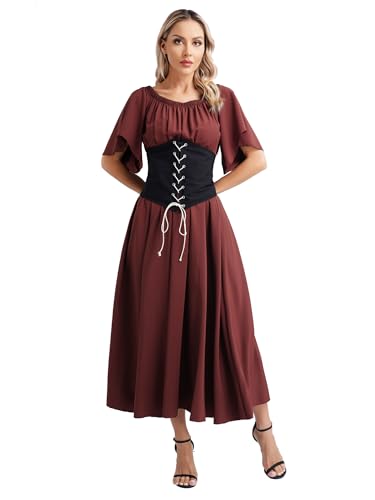 winying Damen Mittelalter Kleid Gothic Retro Langarm Partykleid Renaissance Cosplay Mittelalterliches Kostüm Viktorianischen Königin Kleid Burgundy 3XL von winying