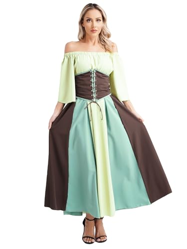 winying Damen Mittelalter Kleid Gothic Retro Langarm Partykleid Renaissance Cosplay Mittelalterliches Kostüm Viktorianischen Königin Kleid Grün XXL von winying