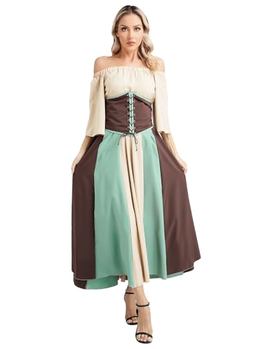 winying Damen Mittelalter Kleid Gothic Retro Langarm Partykleid Renaissance Cosplay Mittelalterliches Kostüm Viktorianischen Königin Kleid Khaki L von winying