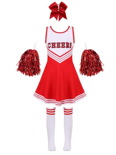 winying Kinder Mädchen Cheerleading Uniform Set Ärmellos Cheerleaderkleid Tanzkleid mit Hand Blumen Socken Bowknot Kopfbedeckung Karneval Kostüm Rot 122-128 von winying