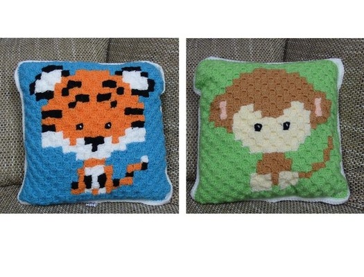 Gehäkeltes Tiermotiv-Kissen zum Wenden, Kinderkissen, Dekokissen, C2C, Tiger & Affe, "Zoodiac", nach einer Anleitung von One Dog Woof von Wolliges.Bewildert