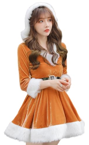 トクとユウ 2-teiliges Damenkleid, langärmeliges Kleid mit Kapuze, Weihnachts-Kostüm-Set, Cosplay, Orange, Größe XXL von トクとユウ