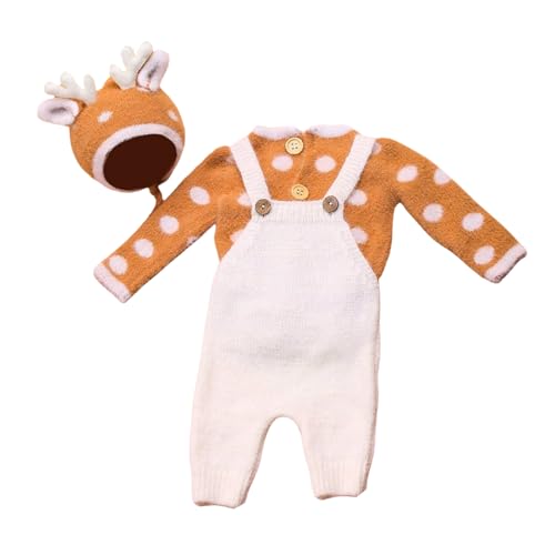 Baby-Fotografie-Outfit für Neugeborene, Weihnachten, Hirsch-Kostüm, gestrickte Hosenträgerhose und Oberteil, Pullover mit Hirschhut Baby-Fotografie-Outfit für Neugeborene, Weihnachten, Hirsch-Kostüm, gestrickte Hosenträgerhose und Oberteil, Pullover mit Hirschhut von スイムリー