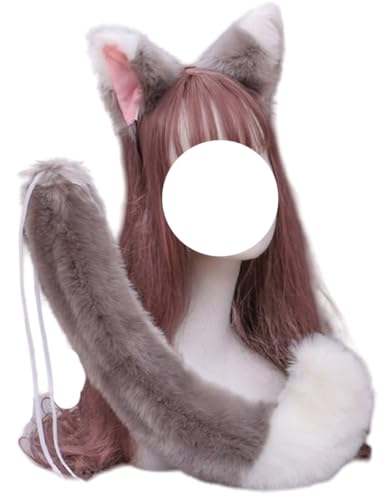 トクとユウ Cute Fox Tail Ear Set Plush Fox Ear Headwear Tail Cosplay Animal Headband Anime Cosplay Props Party Costume Props (Grey White) von トクとユウ