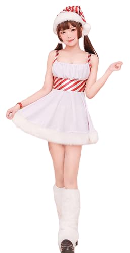 トクとユウ Mrs. Claus Santa Kostüm Weiß Weihnachtskostüm Neckholder Kleid Kostüm-Set Damen Weihnachten Party Kleider (3-teiliges Set, M) von トクとユウ