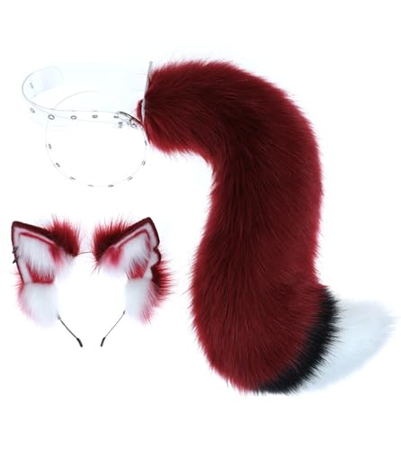 トクとユウ Niedlicher Fuchs Wolf Schwanz Ohr Set Weiß Rot Schwarz Plüsch Ohr Schwanz Halloween Party Kostüm Requisiten Cosplay Tier Zubehör (Ohr + Schwanz) von トクとユウ