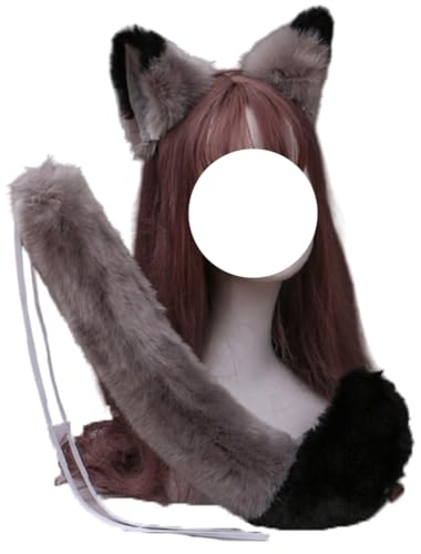 トクとユウ Niedliches Fuchsschwanz-Ohr-Set, Plüsch-Fuchs-Ohr-Kopfbedeckung, Schwanz, Cosplay, Tier-Stirnband, Anime-Cosplay-Requisiten, Party-Kostüm-Requisiten (Grau Schwarz) von トクとユウ