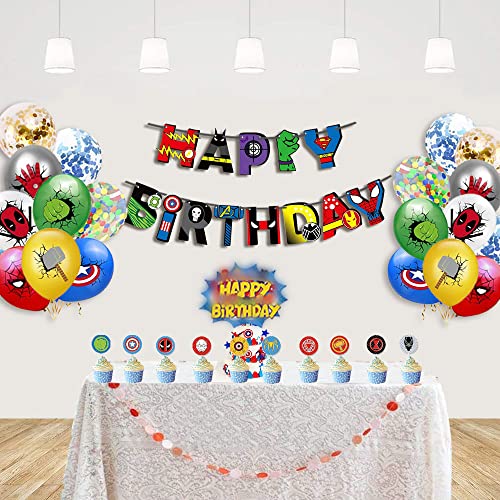 Superhelden-Geburtstagsparty-Zubehör-Set für Kinder, Superhelden-Themen-Dekorationssets enthalten Geburtstagsbanner, Luftballons, Cupcake-Topper von 通用