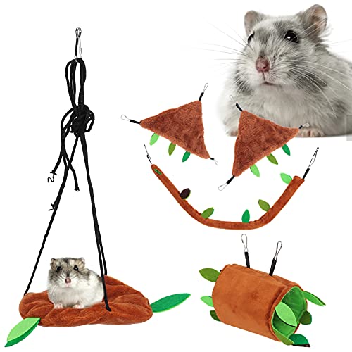Pet Hanging Bed, Leaf Hanging Hammock Hängematte Dreieckshängematte mit Langer Seilbahn für Kleintiere für Hamster(Brown Five-Piece Suit) von 01