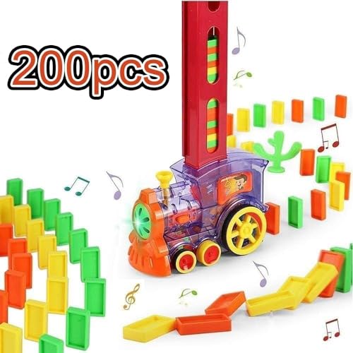 OBEST Domino Zug Spielzeug Set, Elektrischer Zug 200PCS der Domino Rallye, Modell Spielzeug Set mit Dominosteinen, Lernspielzeug für Kinder über 3 Jahre Transparente Front von OBEST