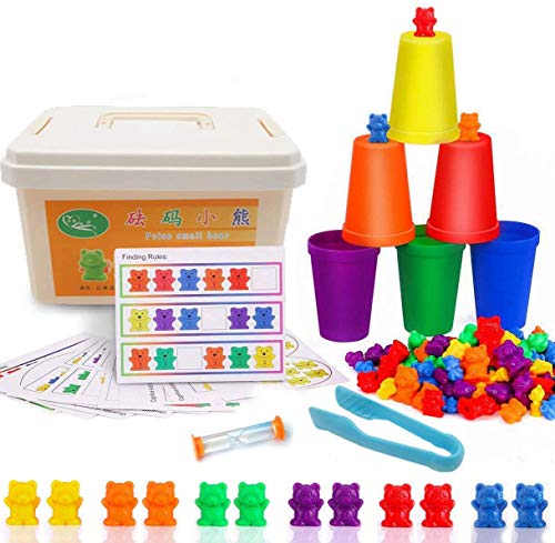 OBEST Bunte Zählen Bären, 73 Stück Montessori Mathe Spielzeug, mit passenden Sortierbechern, Pinzetten, Aktivitätskarten, für Farben Lernen der Kleinkinder, Feinmotorik von OBEST