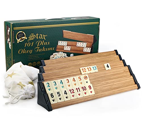 101 Plus Semus Star Rummy Set Okey - Materialien (Kunststoff-Spielbänke mit Holz Optik-Furnier - leicht und stabil & Melaminsteine) mit SEMUS Kugelschreiber (Buche) von 101 Plus