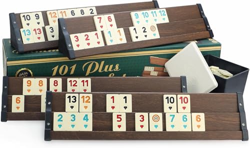 101 Plus Semus Star Rummy Set Okey - Materialien (Kunststoff-Spielbänke mit Holz Optik-Furnier - leicht und stabil & Melaminsteine) mit SEMUS Kugelschreiber (Braun) von 101 Plus