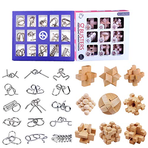 15000P 24St. Metall Knobelspiele Set Holz Rätsel Brainteaser IQ Spiel Knifflige Puzzle 3D Denkspiel Logikspiele Adventskalender Inhalt Geduldspiele für Kinder und Erwachsene, Lösungen sind dabei von 15000P