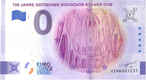 0 Euro Schein Deutschland 2022 · Kölner Dom VI · Gotischer Hochchor · Souvenir o Null € Banknote von 2 EURO COMMEMORATIVI