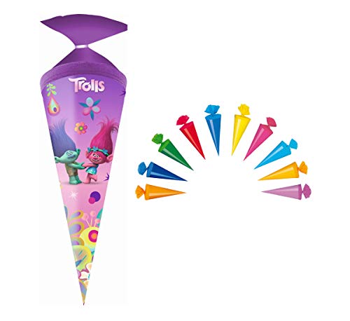 Schultüte / Zuckertüte / 35cm / rund / "Trolls" + 10 Deko Schultüten 12cm von 2 verschiedene Marken