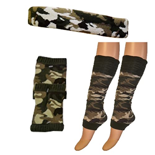 21Fashion Damen Stirnband Armbänder und Beinstulpen Set Damen 80er Jahre Kostüm Zubehör (Camouflage-Stirnband + Armband + Beinwärmer) von 21Fashion