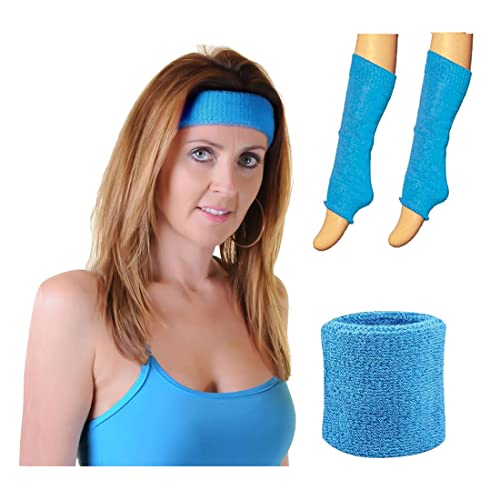 21Fashion Damen Stirnband Armbänder und Beinstulpen Set Damen 80er Jahre Kostüm Zubehör (türkisfarbenes Stirnband + Armband + Beinwärmer) von 21Fashion