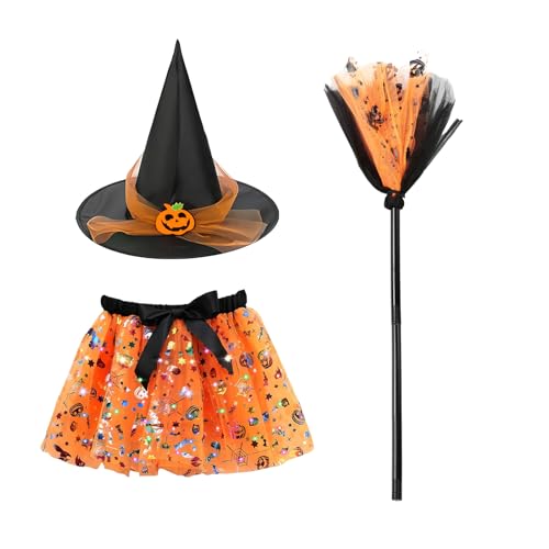 23GUANYI Hexenkostüm Mädchen Halloween Kostüm, Hexen Kostüm Kinder mit Leuchtendem Tutu-Rock Hexenbesen und Hexenhut Halloween Kostüme für Mädchen Karneval Verkleiden Cosplay Party 23GUANYI Hexenkostüm Mädchen Halloween Kostüm, Hexen Kostüm Kinder mit Leuchtendem Tutu-Rock Hexenbesen und Hexenhut Halloween Kostüme für Mädchen Karneval Verkleiden Cosplay Party von 23GUANYI