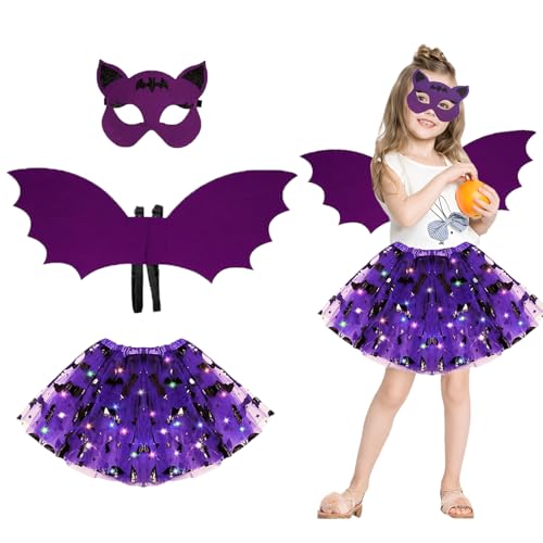 23GUANYI Fledermaus Kostüm Kinder, Karneval Kostüm Mädchen mit Fledermausflügel, Tutu & LED Lichterketten, Fledermaus Maske für Karneval, Fasching, Halloween von 23GUANYI