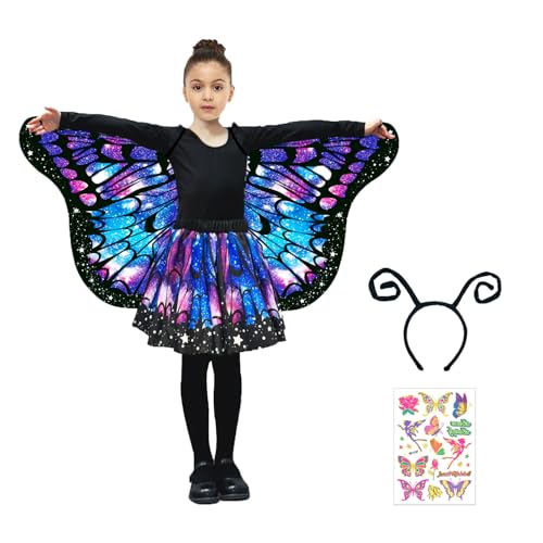 Schmetterling Kostüm Kinder, Karneval Kostüm Kinder Blau Schmetterlingsflügel Umhang Schmetterling Rock mit Haarreif Tattoos Schmetterlingskostüm Mädchen für Karneval Fasching Cosplay Mottoparty von 23GUANYI