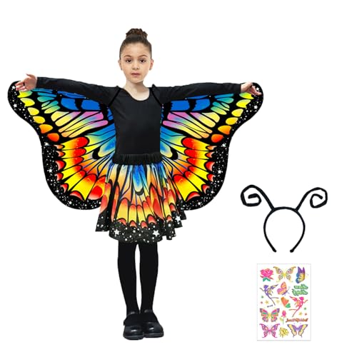 Schmetterling Kostüm Kinder, Karneval Kostüm Kinder Mehrfarbig Schmetterlingsflügel Umhang Schmetterling Rock mit Haarreif Tattoos Schmetterlingskostüm Mädchen für Karneval Fasching Cosplay Mottoparty von 23GUANYI