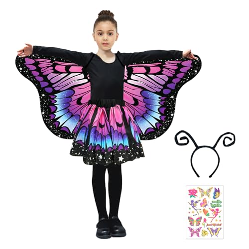 Schmetterling Kostüm Kinder, Karneval Kostüm Kinder Violett Schmetterlingsflügel Umhang Schmetterling Rock mit Haarreif Tattoos Schmetterlingskostüm Mädchen für Karneval Fasching Cosplay Mottoparty von 23GUANYI