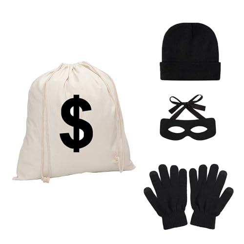 23GUANYI Panzerknacker Maske und Geldsack, Maske Fasching, Zorro Kostüm Herren, Dieb Kostüm Kinder, Räuber Kostüm mit Dollar Zeichen Geld Tasche Augenmaske Faschingskostüme für Karneval Cosplay von 23GUANYI