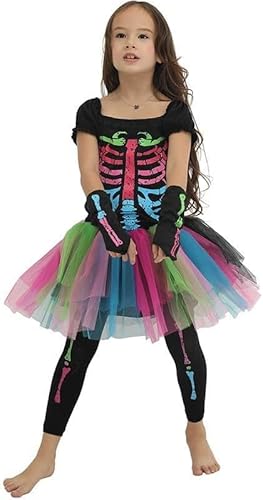 23GUANYI Skelett Kostüm Mädchen, Farbig Halloween Kostüme Mädchen Sensenmann Kostüm mit Skelett Kleid Ärmelstulpen Leggings Skelettkostüm für Kinder Halloween Karneval Cosplay Party von 23GUANYI