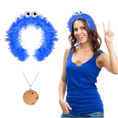 Krümelmonster Kostüm Damen, Krümelmonster Haarreif Karneval Halskette Damen, Cookie Monster Kostüm Accessories Krümelmonster Kuscheltier Haarreif Halskette fur Karneval Fasching Motto Cosplay von 23GUANYI