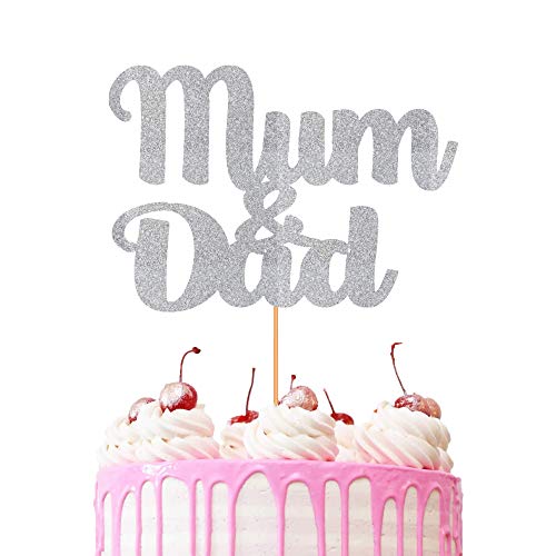 Tortenaufsatz mit Aufschrift "Mum & Dad", Glitzer, Karton, Partydekoration, Kuchendekoration (Silber) von 3 LITTLE DESSERTS