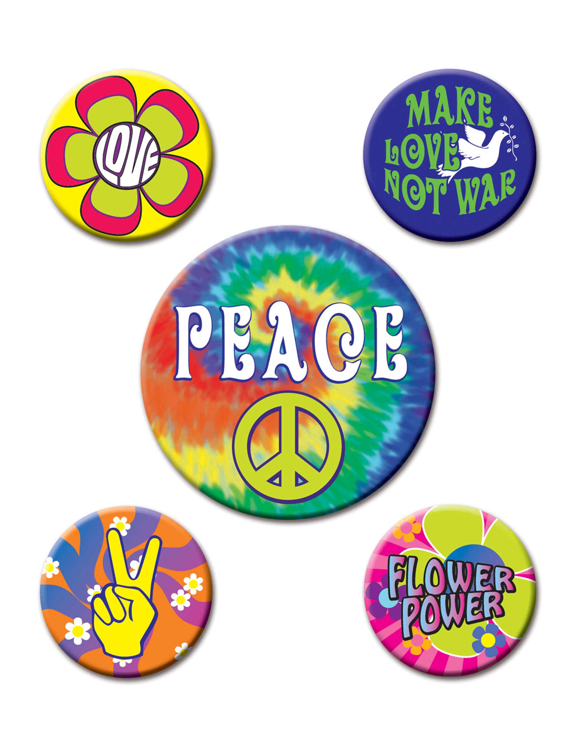 Hippie-Abzeichen-Set 5 Stück bunt 3,5 und 6cm Hippie-Abzeichen-Set 5 Stück bunt 3,5 und 6cm von 360 DEGREES