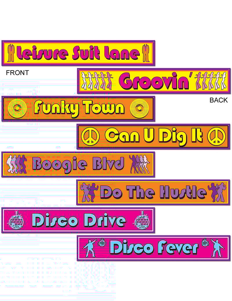 Party Deko Disco Schilder 4-teilig bunt 60x10cm Party Deko Disco Schilder 4-teilig bunt 60x10cm von 360 DEGREES