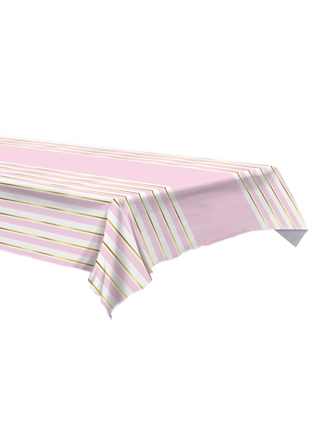Plastik-Tischdecke gestreift rosa-weiß mit Gold 137 x 274 cm von 360 DEGREES