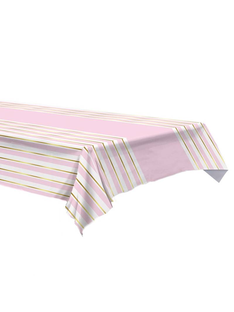 Plastik-Tischdecke gestreift rosa-weiß mit Gold 137 x 274 cm von 360 DEGREES