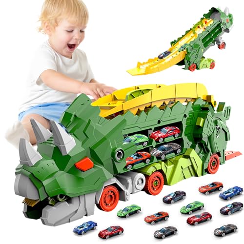 3T6B Dinosaurier Transport Truck Spielzeug Autos für Kinder mit 12 Mini Rennwagen, 3-in-1 Tragbare Dinosaurier Rennstrecke Truck Spielzeug für Jungen Alter 3 4 5 6 7 3T6B Dinosaurier Transport Truck Spielzeug Autos für Kinder mit 12 Mini Rennwagen, 3-in-1 Tragbare Dinosaurier Rennstrecke Truck Spielzeug für Jungen Alter 3 4 5 6 7 von 3T6B