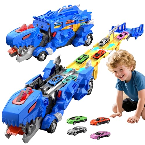 3T6B Dinosaurier Transport Truck Spielzeug Autos für Kinder mit 12 Mini Cars, 2 in1 Folding tragbares Rennbahn Spielzeugauto für Kinder ab 3-5 Jahren von 3T6B