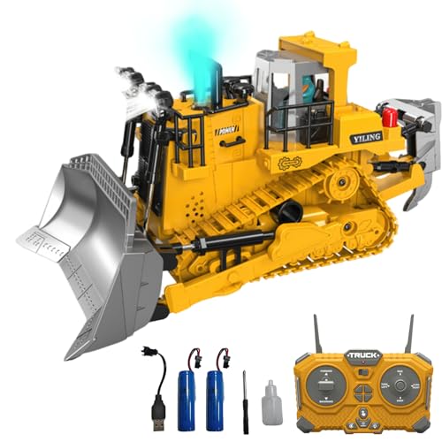 3T6B Ferngesteuerter Bulldozer Spielzeug, 1:24 Legierungen Baufahrzeug mit Funktionen Licht, Sound und Spray, 2,4GHz Baustellenfahrzeuge für 3-12 Jahre Jungen und Mädchen, 2 Batterien von 3T6B