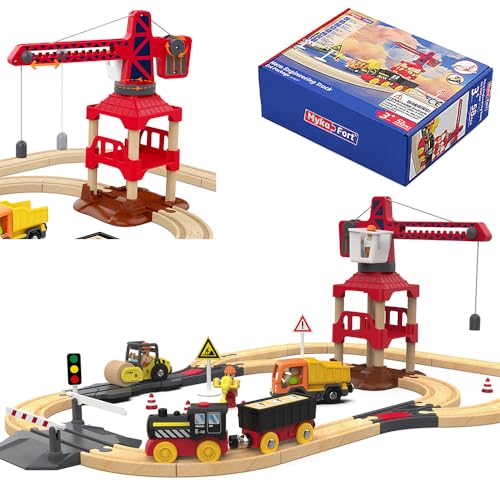 3T6B Holzeisenbahn Set 56PCS, Holzeisenbahn Schienen und Zugspielzeug,Batteriebetriebenes Spielzeugeisenbahngleis für Jungen,Kleinkinderspielzeug empfohlen ab 3 Jahren,Geschenk für Jungen und Mädchen von 3T6B