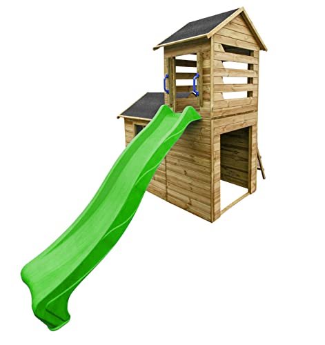 4IQ Group Spielhaus Kinder Outdoor Holzhaus 118 x 248 cm - Gartenhaus Kinder Spielturm mit Rutsche - Spielhäuser aus Naturmaterial - Garten Spielhaus Modularer Aufbau (Hellgrüne Rutsche) von 4IQ Group
