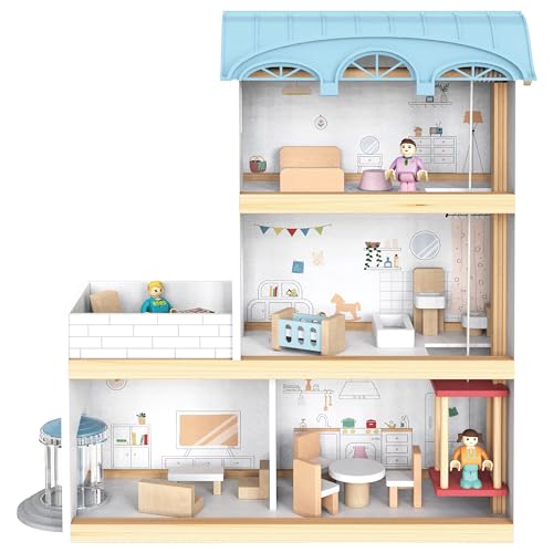4iQ Group Puppenhaus aus Holz 41,5x14x39,5cm - Puppenhaus ab 3 Jahre Mädchen - Puppenhaus Groß mit 3 etagen - Dollhouse mit Möbeln und Zubehör von 4IQ Group