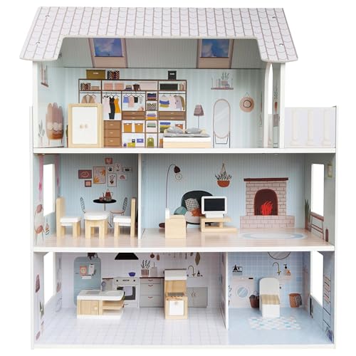 4iQ Group Puppenhaus aus Holz 70x24x60cm - Puppenhaus ab 3 Jahre Mädchen - Puppenhaus Groß mit 3 Etagen - Dollhouse mit Möbeln und Zubehör von 4IQ Group