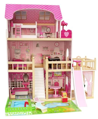 4iQ Group Puppenhaus aus Holz 73,5x59,5x83cm - Puppenhaus ab 3 Jahre Mädchen - Groß Haus mit 3 Etagen und Schwimmbad - Dollhouse mit Möbeln und Zubehör 4iQ Group Puppenhaus aus Holz 73,5x59,5x83cm - Puppenhaus ab 3 Jahre Mädchen - Groß Haus mit 3 Etagen und Schwimmbad - Dollhouse mit Möbeln und Zubehör von 4IQ Group