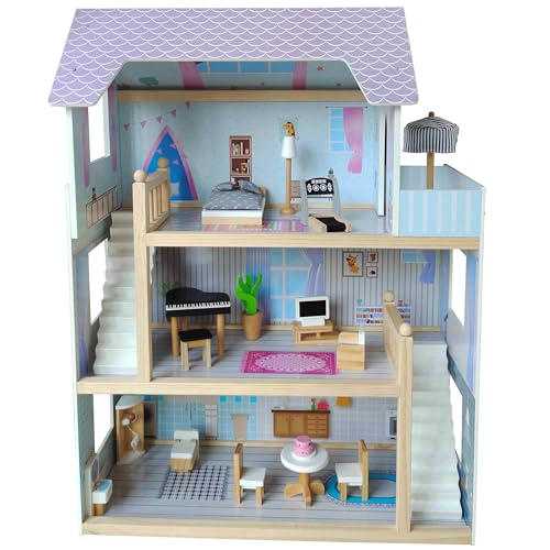 4iQ Group Puppenhaus aus Holz 78x26,5x61,5cm - Puppenhaus ab 3 Jahre Mädchen - Puppenhaus Groß mit 3 Etagen - Dollhouse mit Möbeln und Zubehör von 4IQ Group