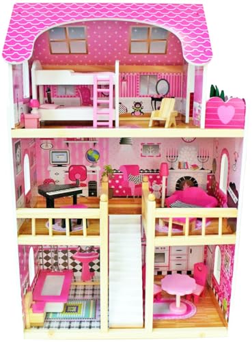 4iQ Group Puppenhaus aus Holz 90x30x59cm - Puppenhaus ab 3 Jahre Mädchen - Puppenhaus Groß XXL mit 3 Etagen - Dollhouse mit Möbeln und Zubehör von 4IQ Group